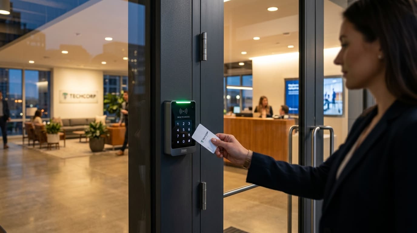Modern corporate glass entrance with contactless RFID access control reader