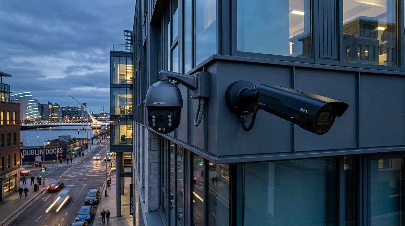High-definition 4K IP CCTV cameras mounted on a modern commercial building in Dublin at twilight