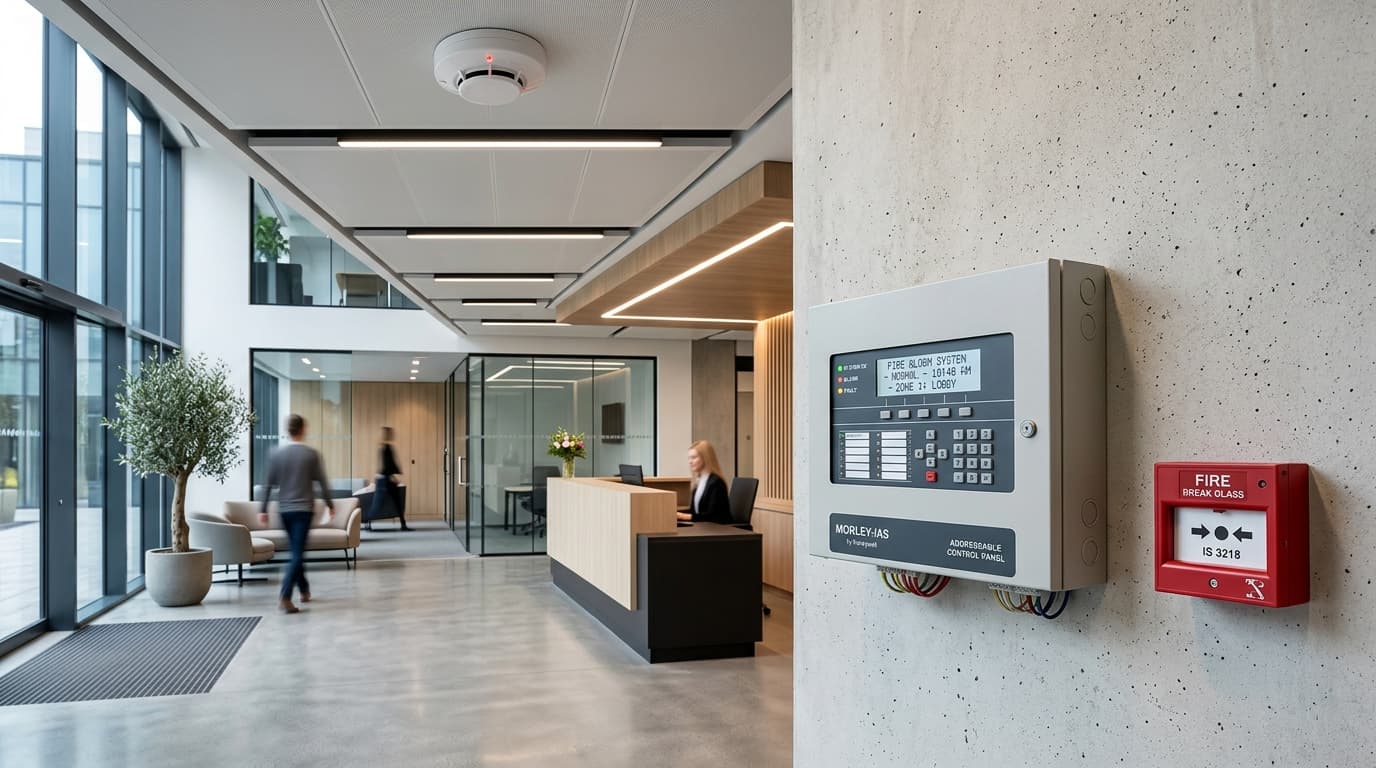 Commercial addressable fire alarm control panel, manual call point, and smoke detector in an Irish building