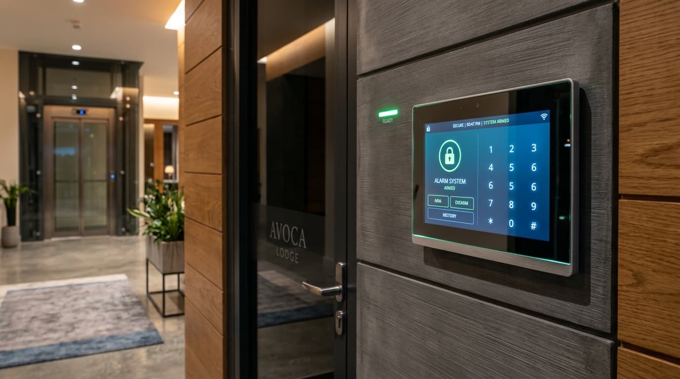Modern Pyronix wireless smart alarm control keypad mounted in an Irish commercial and residential entrance