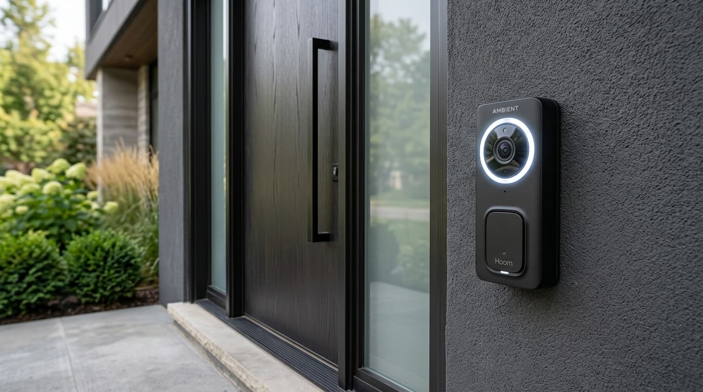 Sleek matte-black HD smart video doorbell mounted beside a contemporary entrance door