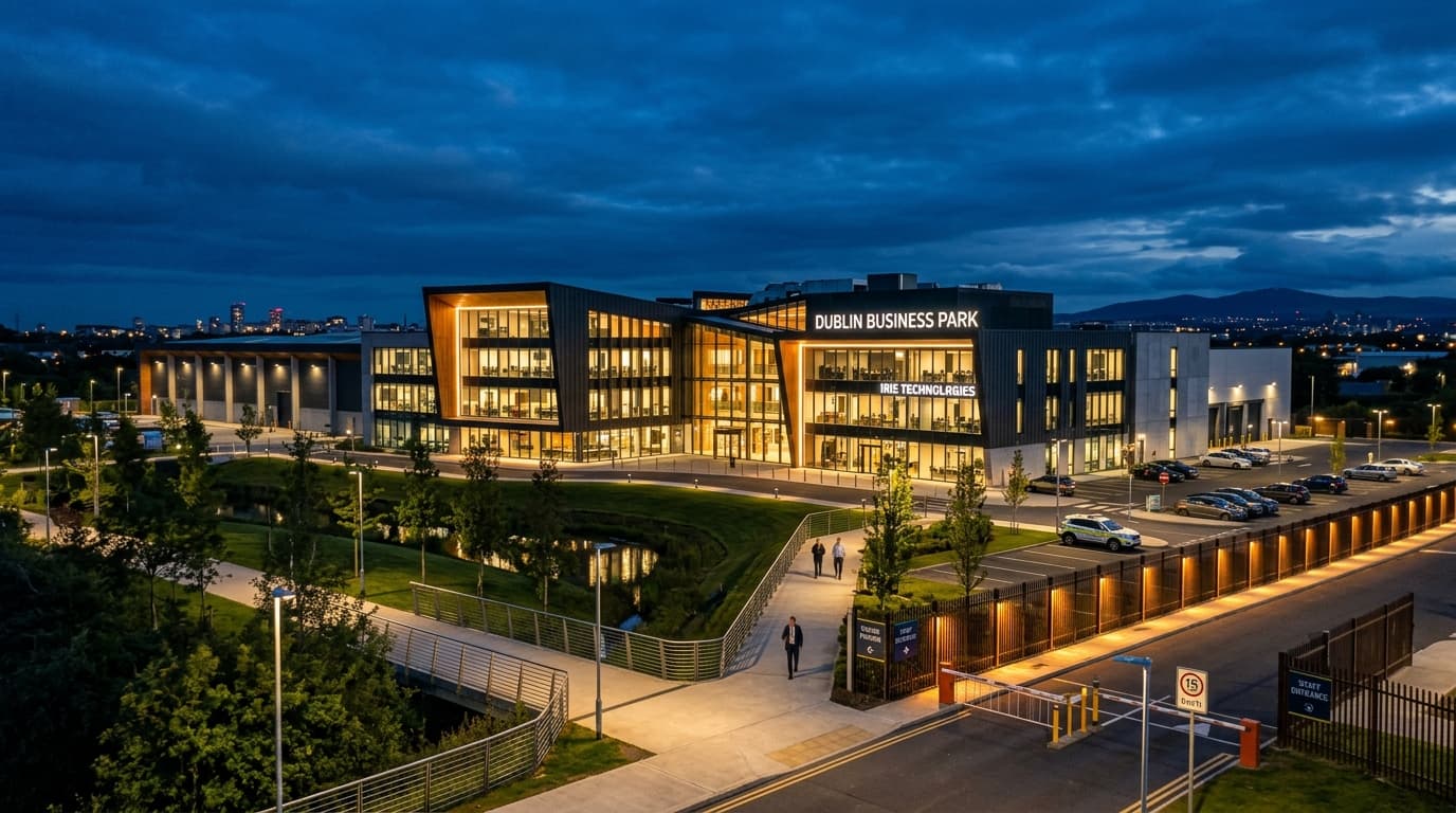 Modern Irish business park and commercial facility at twilight